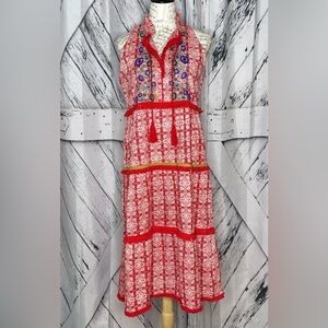 Adrift Tiered Sleeveless Dress Embroidered & Fringed Size S